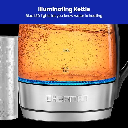 Chefman Tetera con Jarra de Cristal | Hervidor Eléctrico de 1.8 Litros | Base de 360 Grados | Acero inoxidable