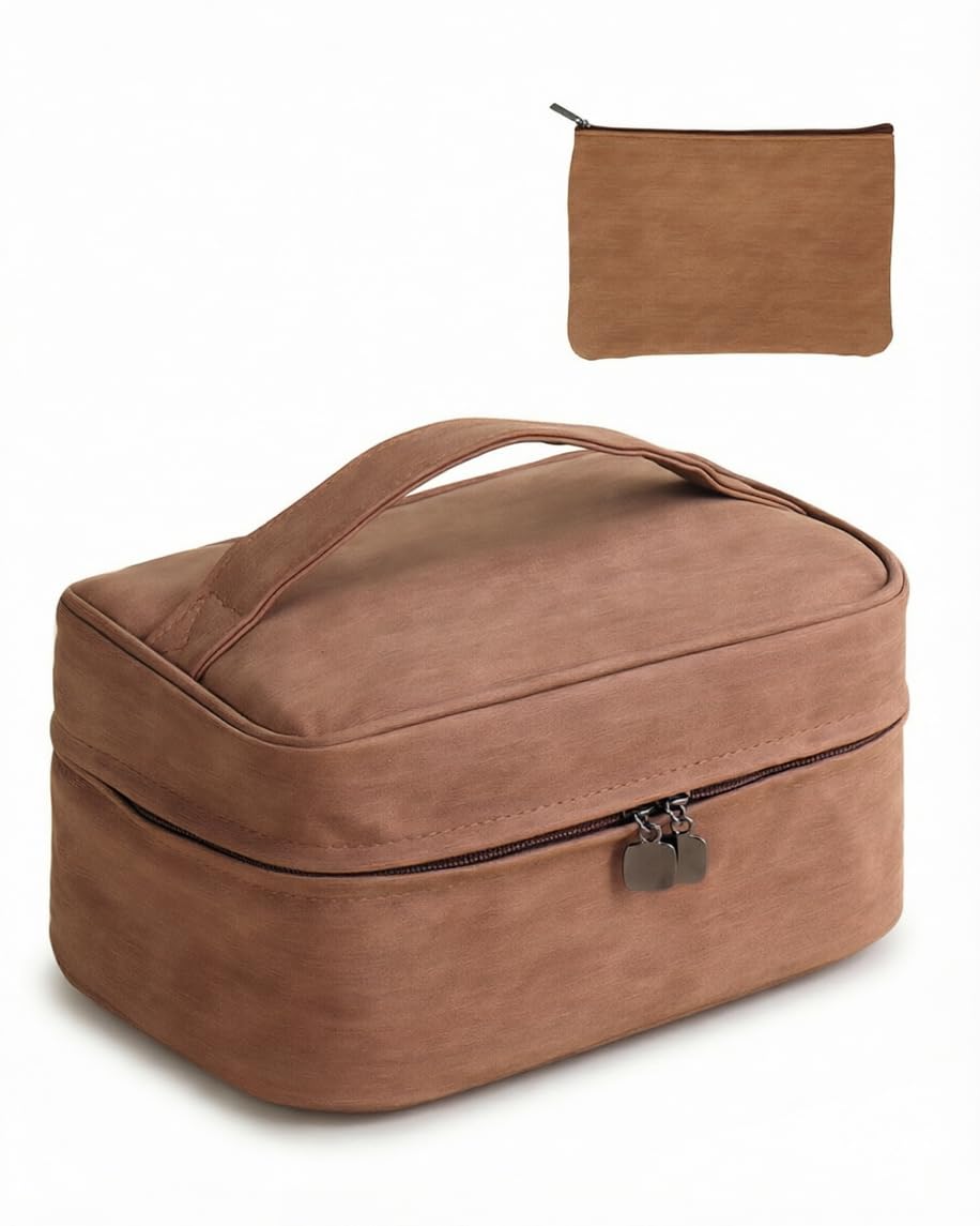 Hemompito - Bolsa de maquillaje grande para mujer con bolsa pequeña desmontable, bolsa portátil de maquillaje de viaje con asa y múltiples compartimentos, piel sintética impermeable, cremalleras