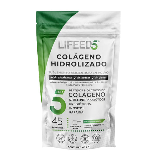 Colágeno Hidrolizado, Probióticos 50 billones, Enzimas Digestivas, Prebioticos y Inositol con 45 porciones. Colageno Hidrolizado en Polvo para Mujeres y Hombres || LIFEED5 COLLAGEN DIGEST