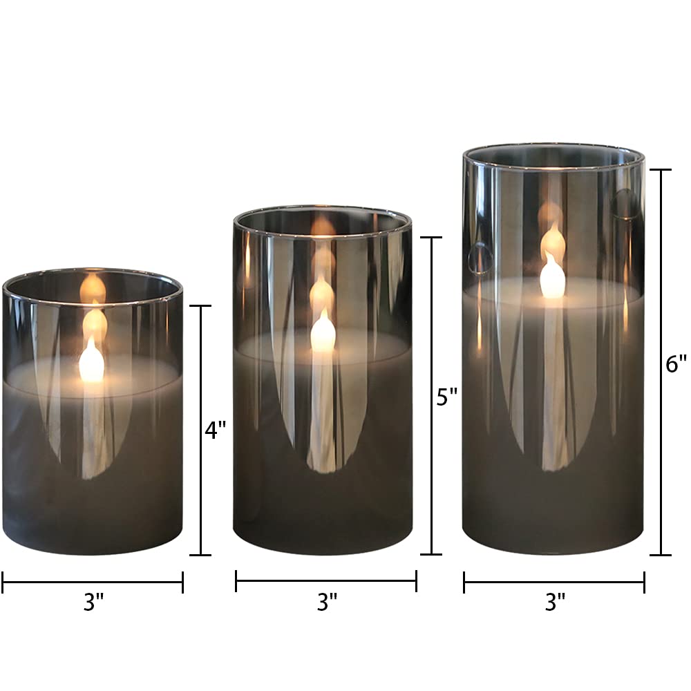 GenSwin - Velas led sin llama de vidrio gris con control remoto de 10 teclas y temporizador, velas de cera real, luz blanca cálida parpadeante para decoración del hogar (juego de 3)