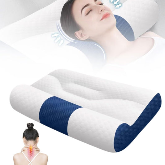 Almohada Cervical de Plumón de Ganso, Almohada de Apoyo Cervical Ergonómica para Mejorar el Sueño, 2 en 1 Que Alivia el Dolor de Cuello y Brinda Soporte Contorneado para Personas (Azul oscuro, M)
