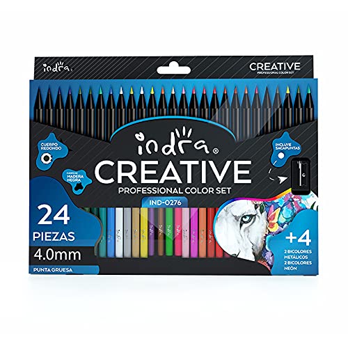 IND-0276 Professional Color Set Indra 24 Lápices Diferentes Colores +4 Adicionales Bicolores Colores Metálicos Neón Sacapuntas Incluido Cuerpo Redondo Madera Negra