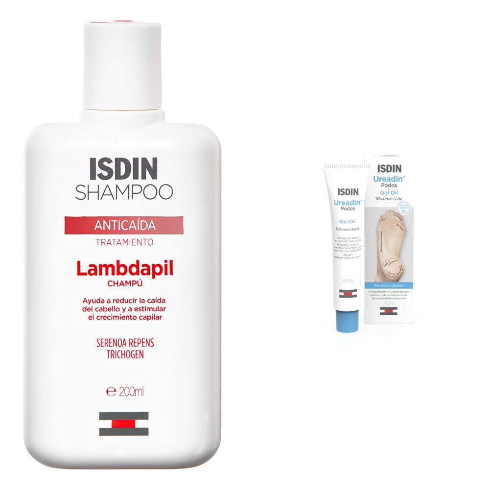 ISDIN Lambdapil, Champú Anticaída, Ayuda a Reducir la Caída del Cabello y Estimula el Crecimiento Capilar, 200ml + Ureadin Podos Gel Oil, Repara e hidrata los pies secos y agrietados, 75ml