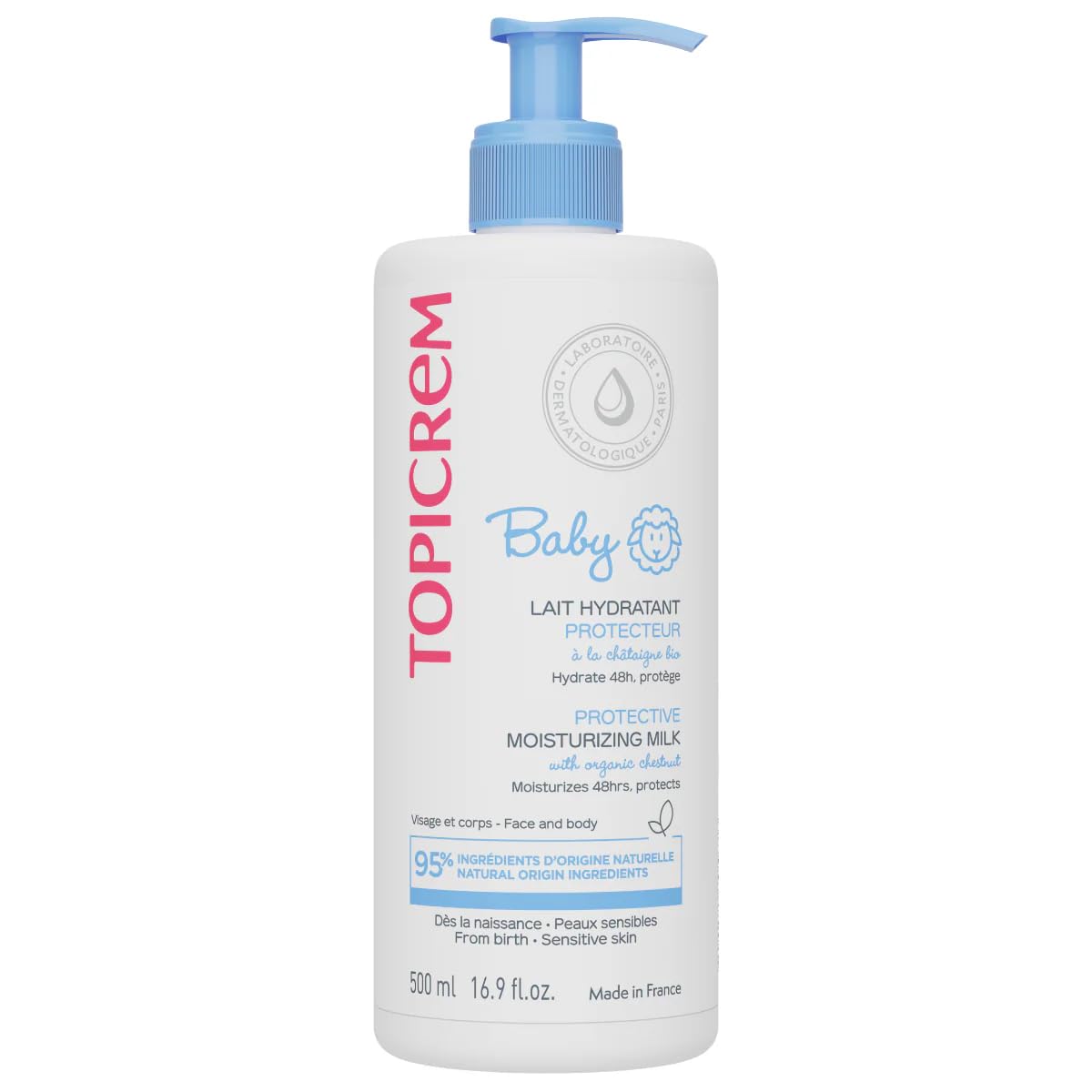 Topicrem - Baby, leche hidratante protectora para bebés, cara y cuerpo, hidratación de 48 horas, nutre, protege la piel, textura untuosa, fragancia delicada, piel sensible, fabricación francesa, 500ml