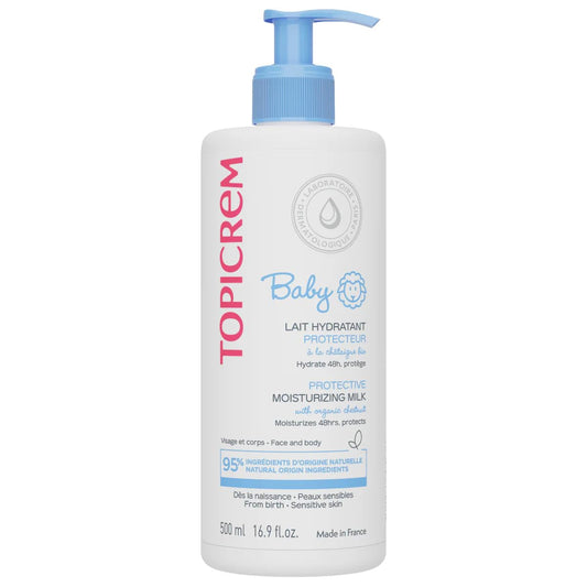 Topicrem - Baby, leche hidratante protectora para bebés, cara y cuerpo, hidratación de 48 horas, nutre, protege la piel, textura untuosa, fragancia delicada, piel sensible, fabricación francesa, 500ml