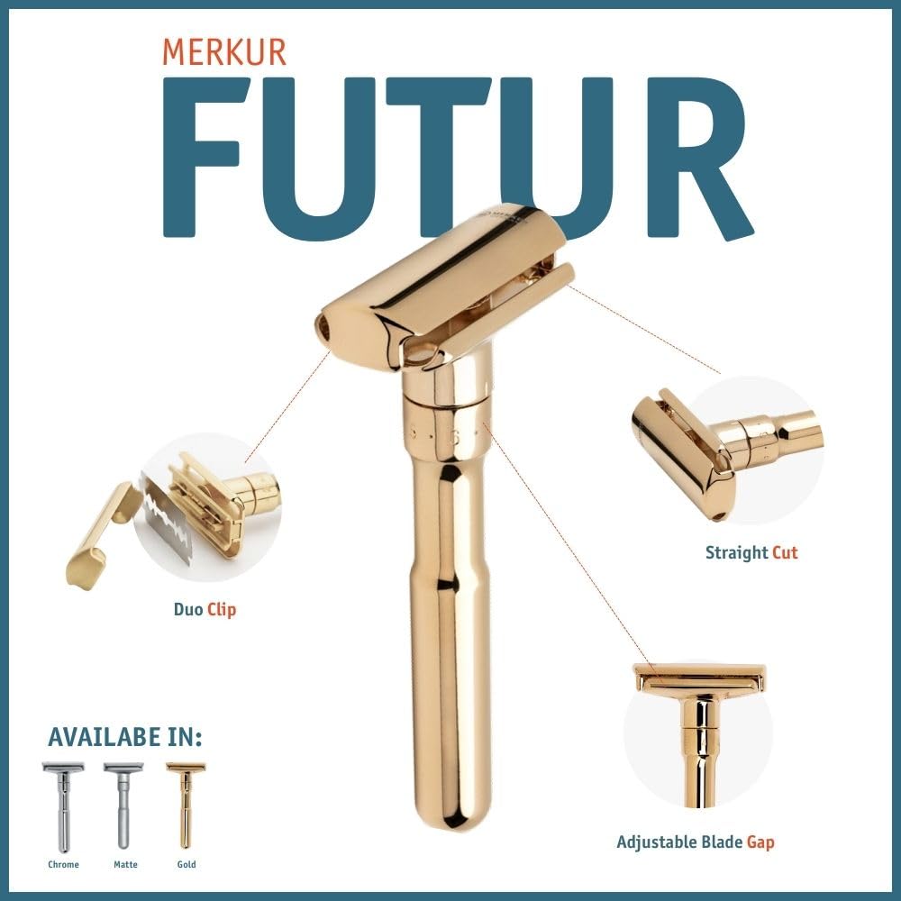 Merkur Futur - Cuchilla de afeitar ajustable de doble filo, MK-702003, Dorado (Gold Plated)