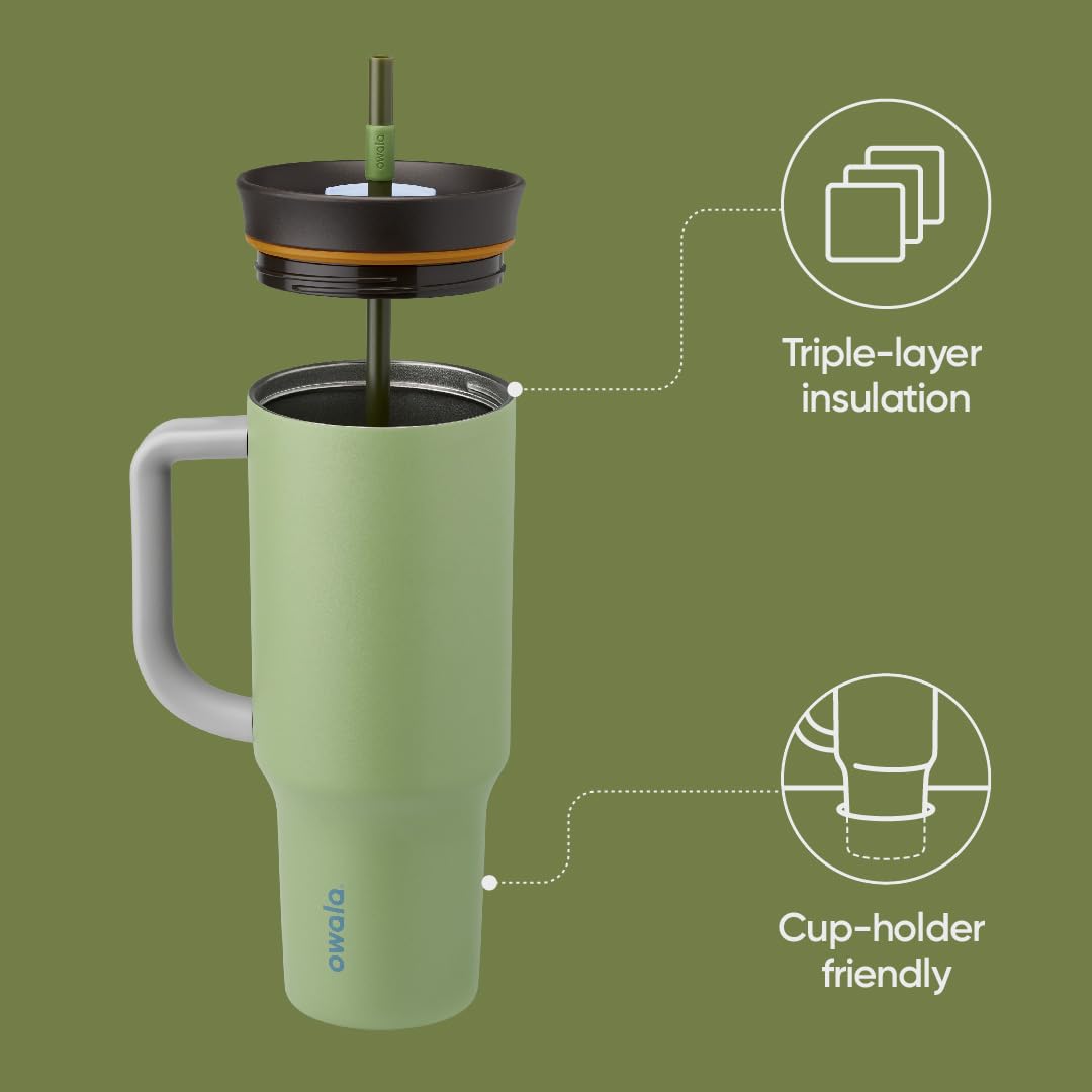 Vaso de Viaje Owala Verde Acero Inoxidable Triple Capa con Tapa Antiderrames y Asa de Transporte