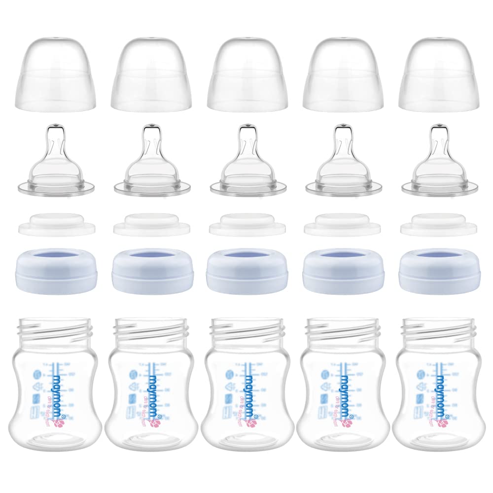 Biberón de recolección para almacenamiento y alimentación de leche Maymom de boca ancha con tetina, tapa tipo cúpula, tapa superior y disco de sellado SureSeal; compatible con extractores Spectra/Motif Luna; 5 piezas (4.7 oz / 140 mL).