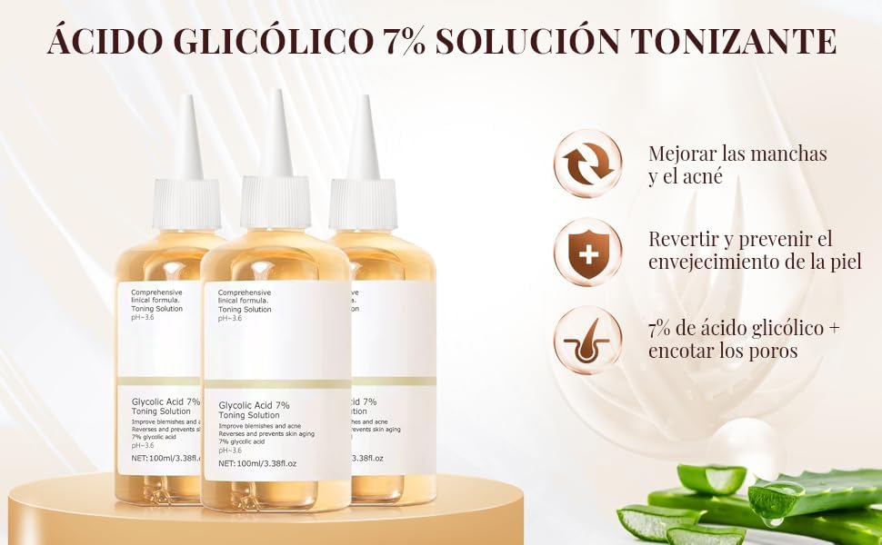Tónico Facial Ácido Glicólico 7% 240ml para Manchas y Acné - Exfoliante y Rejuvenecedor de Piel Grasa - Tonificante y Despigmentante - Solución Reafirmante SEO