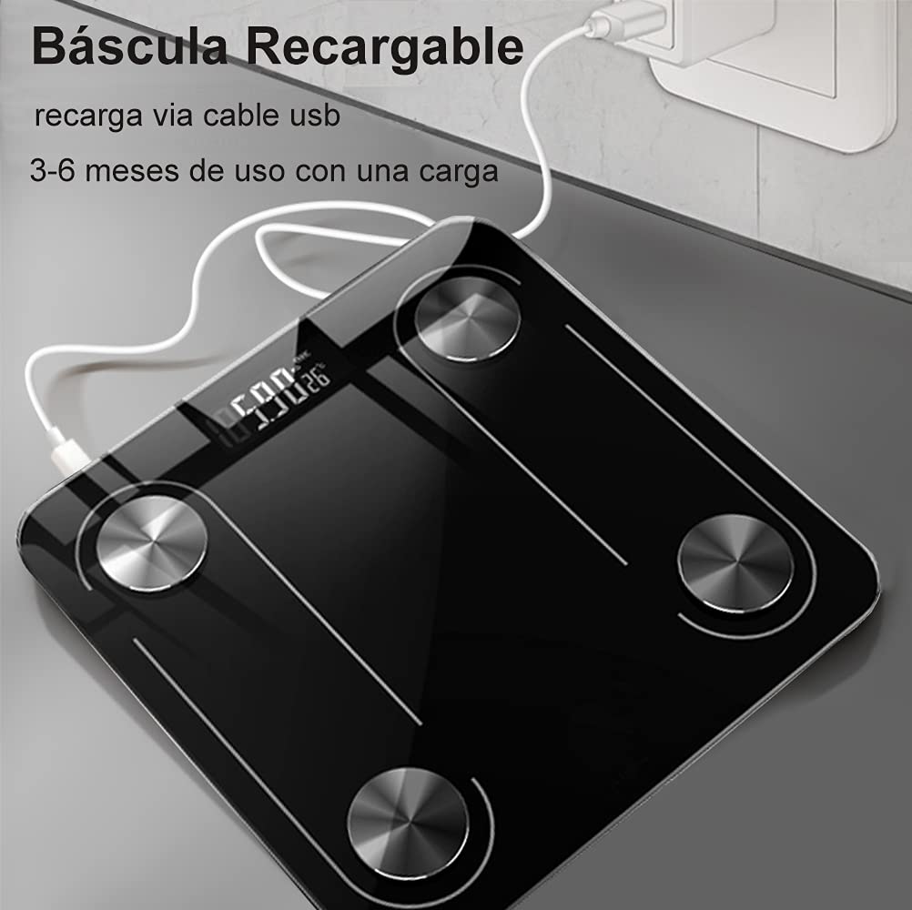 INGEQUIS Báscula Inteligente de Grasa Corporal, Balanza Digital Recargable USB para Detectar Datos de Salud, Medición Precisa con Vidrio Fino y Elegante, Transmisión via Bluetooth en APP Celular