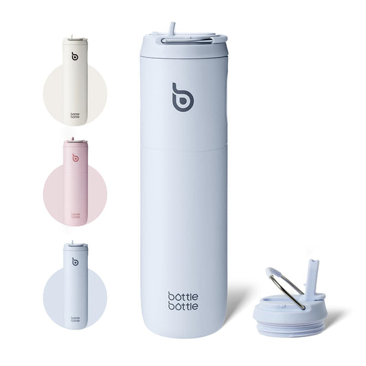 BOTTLE BOTTLE Botella de Agua Aislada de 24oz(700ml) con Popote Tapa y Asa para Deportes, Viajes, Botellas de Acero Inoxidable de Doble Pared, sin BPA(Azul Claro)