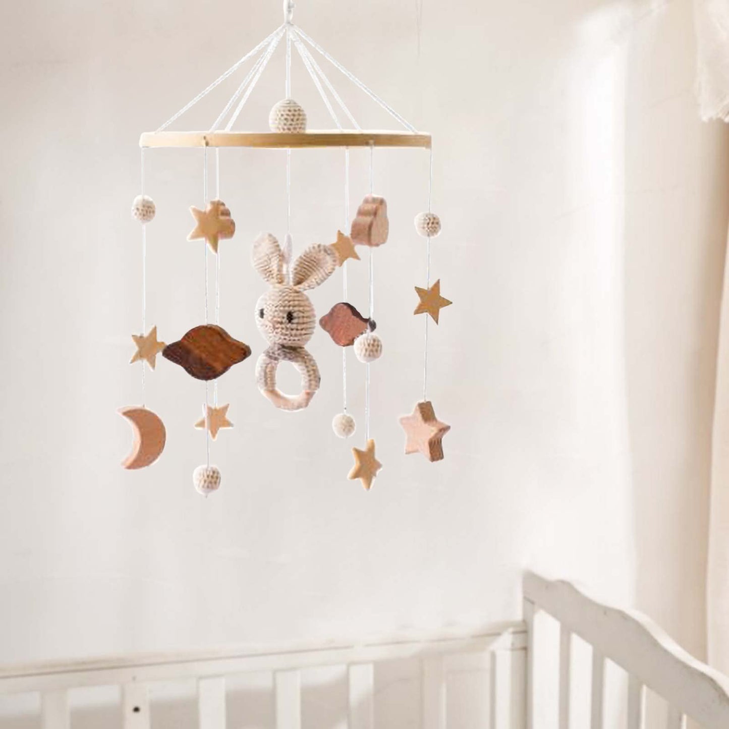 Móvil para bebé, cuna móvil para niños y niñas, nubes 3D, conejo, animales, móvil para cuna, campanillas de viento, habitación de niños, decoración de guardería (B)
