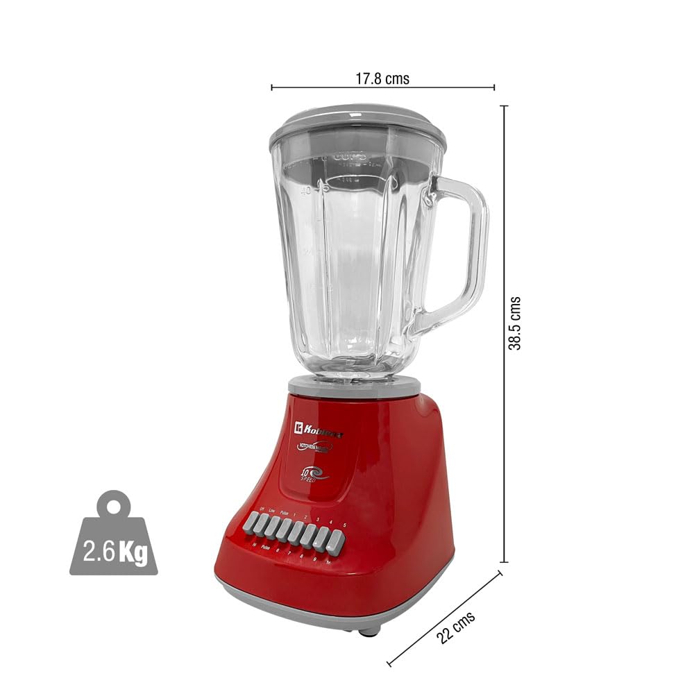 Licuadora Koblenz Gourmet con Vaso de Vidrio de 1.5 L, 10 Velocidades y Función de Pulso de 2 Niveles, 4 Cuchillas de Ultra-duración, Tritura Hielo, Malteadas, Purés, 500 W, Color Rojo (LKM-5970 VR)