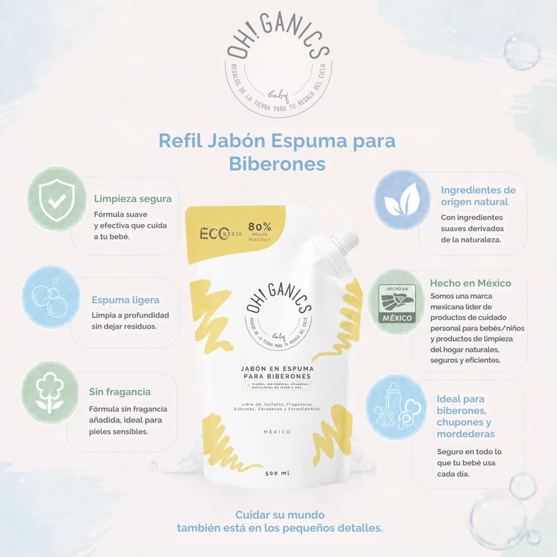 OH! GANICS Jabón en Espuma Refill para la Limpieza de los Biberones de Bebé Sin Fragancia 500 ml