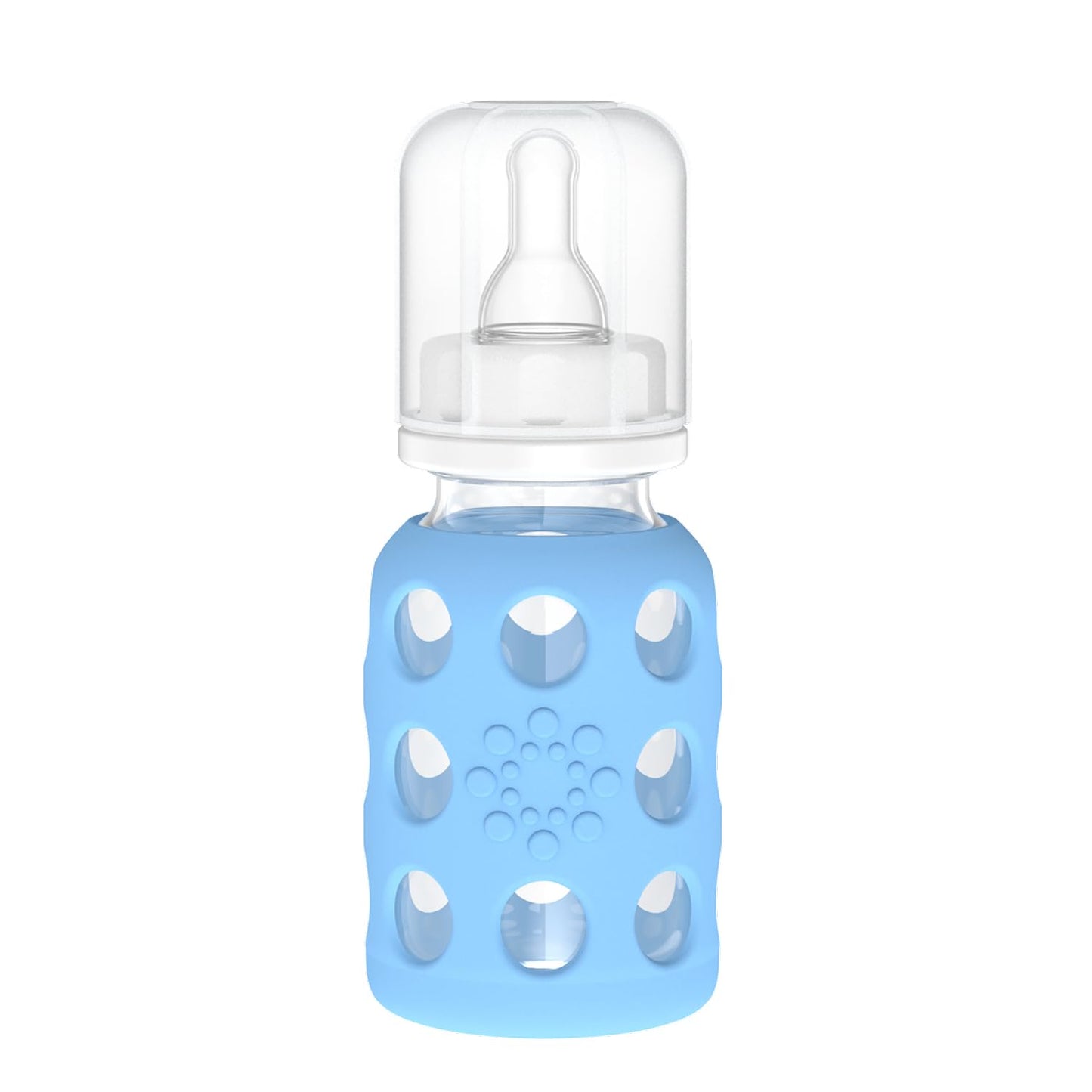 Lifefactory Biberón de vidrio de 4 onzas con funda protectora de silicona y pezón etapa 1, azul cielo