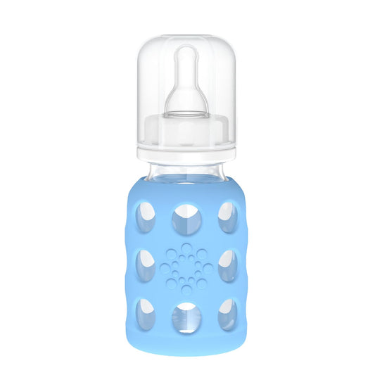 Biberón de Vidrio Lifefactory Azul Cielo con Funda de Silicona y Pezón Etapa 1