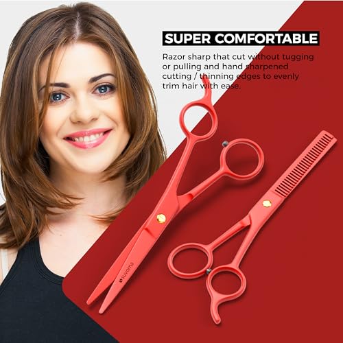 Suvorna Juego de tijeras de corte de pelo de 6,5 pulgadas con tijeras de adelgazamiento para peluqueros, peluqueros, uso doméstico - Juego de tijeras de pelo para adelgazar y cortar (rojo)