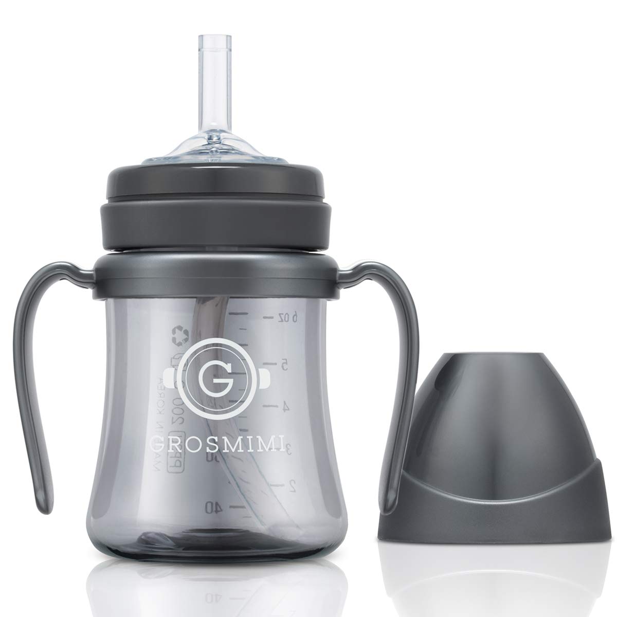 GROSMIMI - Taza mágica sin derrames a prueba de derrames con pajita con asa para bebés y niños pequeños, personalizable, sin BPA, 6 onzas (carbón)