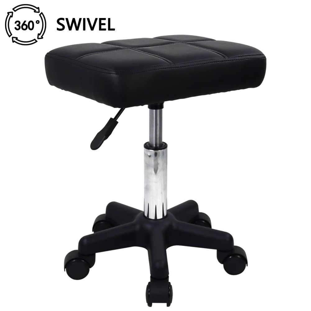 FURWOO - Taburete giratorio rectangular con ruedas, altura ajustable, para spa, salón de masaje, color negro