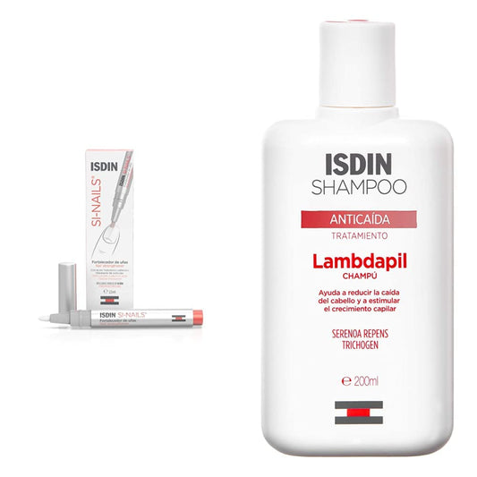 ISDIN SI-NAILS Fortalecedor con ácido hialurónico para uñas débiles y dañadas, hidrata también las cutículas, Acabado Invisible, 2.5 ml + Lambdapil, Champú Anticaída, 200ml