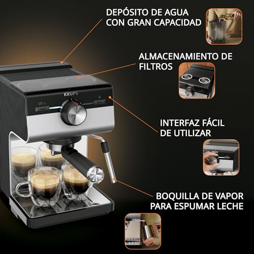Krups Cafetera Espresso Manual Authentic+ | 15 Bares de Presión | Sistema Thermoblock | Espumador de Leche | Filtros de Acero Inoxidable | Tanque de 1.5L | XP384EU0