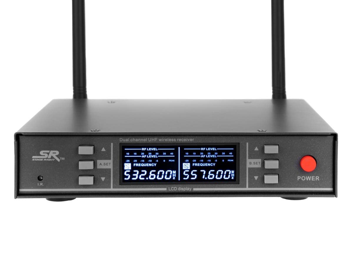 Sistema de Micrófonos Inalámbricos de Mano Dual Monoprice UHF 200-Channel 262 Foot Stage Right Series