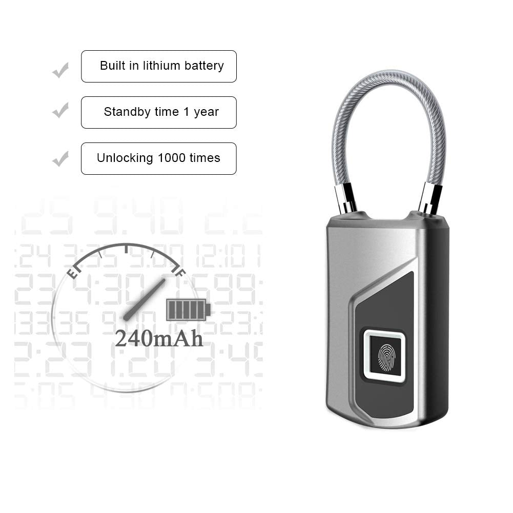 Candado Huella Digital, candado Inteligente biométrico Inteligente Candado de inducción Huella Digital con batería Recargable Candado antirrobo para Maleta, Mochila, Gimnasio, Bicicleta, etc.