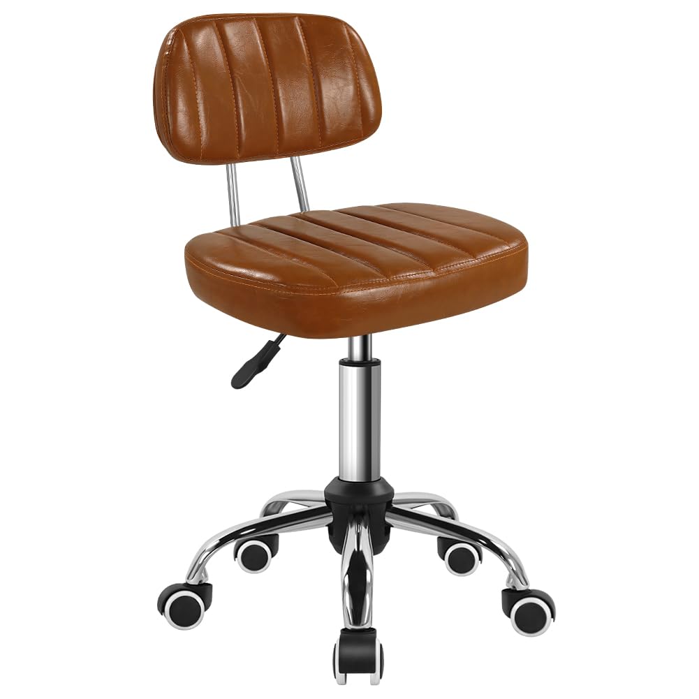 BFTOU Taburete Giratorio Cuadrado con Rueda para el Trabajo Silla de Taburete rodante Ajustable en Altura y rentable de SPA Shop Massage con Respaldo (marrón)