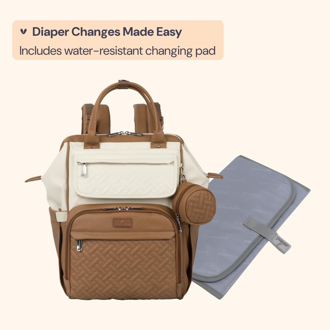 BabbleRoo - Mochila para pañales de cuero, mochila grande multifunción con cambiador y correas para el carrito y estuche para chupete, mochila de viaje elegante unisex, bolsa cambiadora de pañales