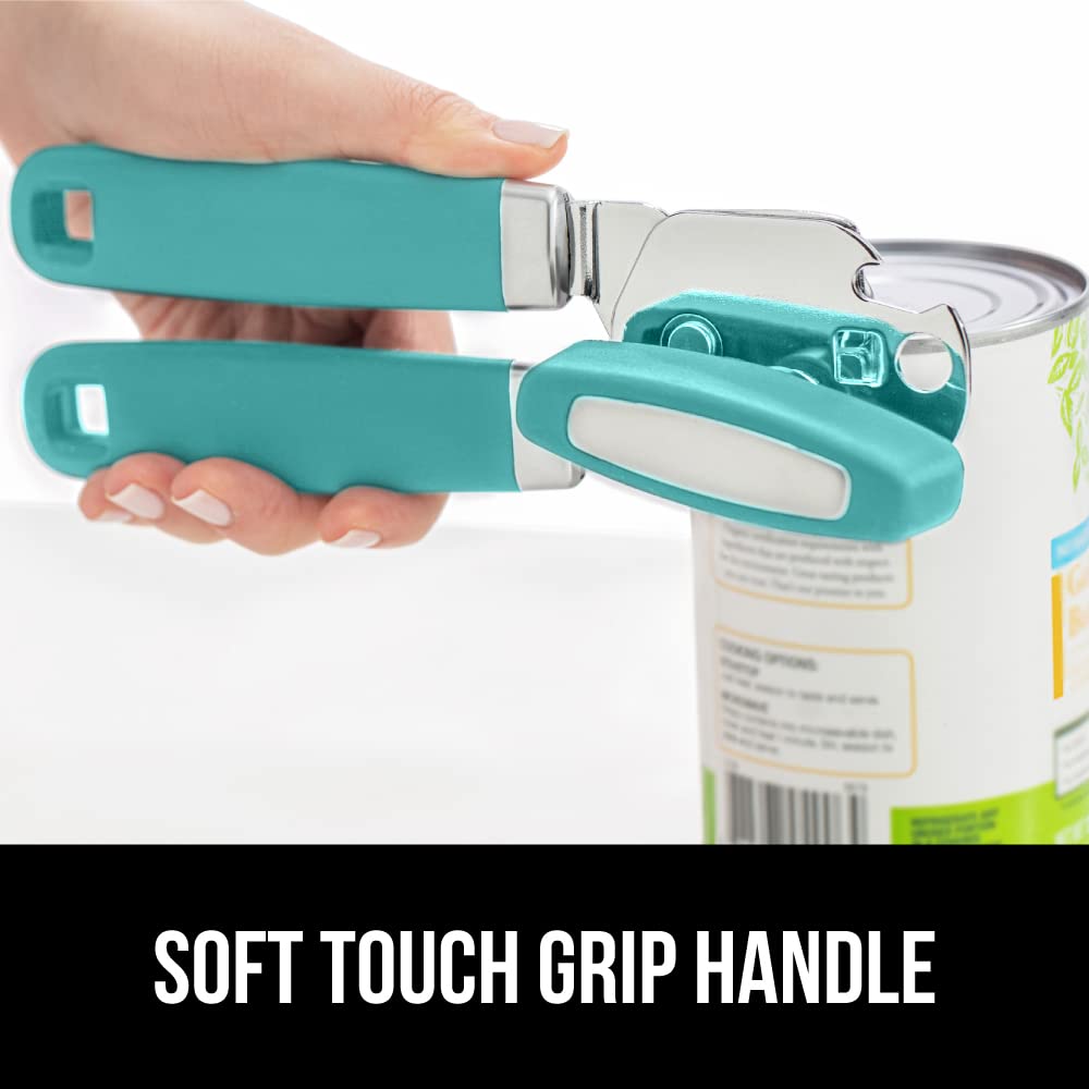 Gorilla Grip Abrelatas manual de mano de acero inoxidable resistente con borde liso con mango suave al tacto, a prueba de óxido, perilla de mano fácil giro, el mejor abridor de tapa grande para cocina, turquesa