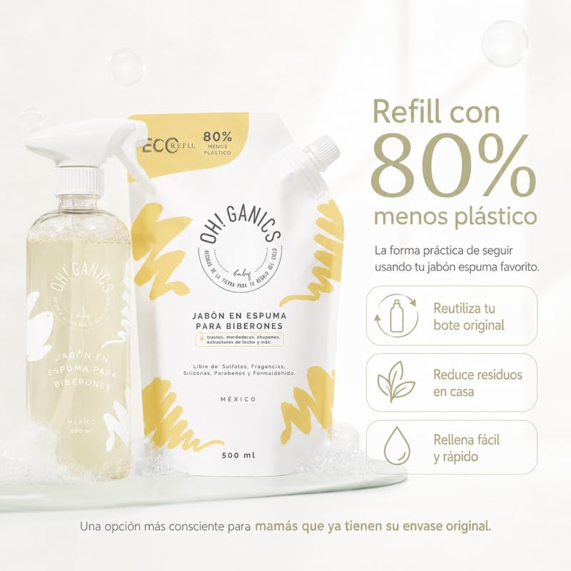OH! GANICS Jabón en Espuma Refill para la Limpieza de los Biberones de Bebé Sin Fragancia 500 ml