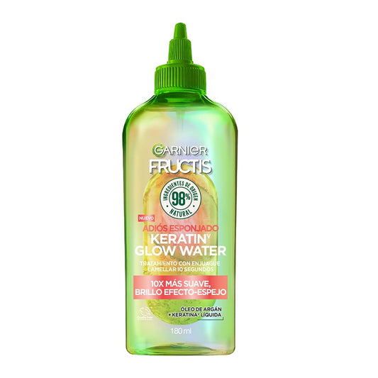 Garnier Fructis Adiós Esponjado Tratamiento Keratin Glow Water Antifrizz, 180ml 10X mas Suave, Brillo Efecto Espejo con Oleo de Argán y Keratina Liquida