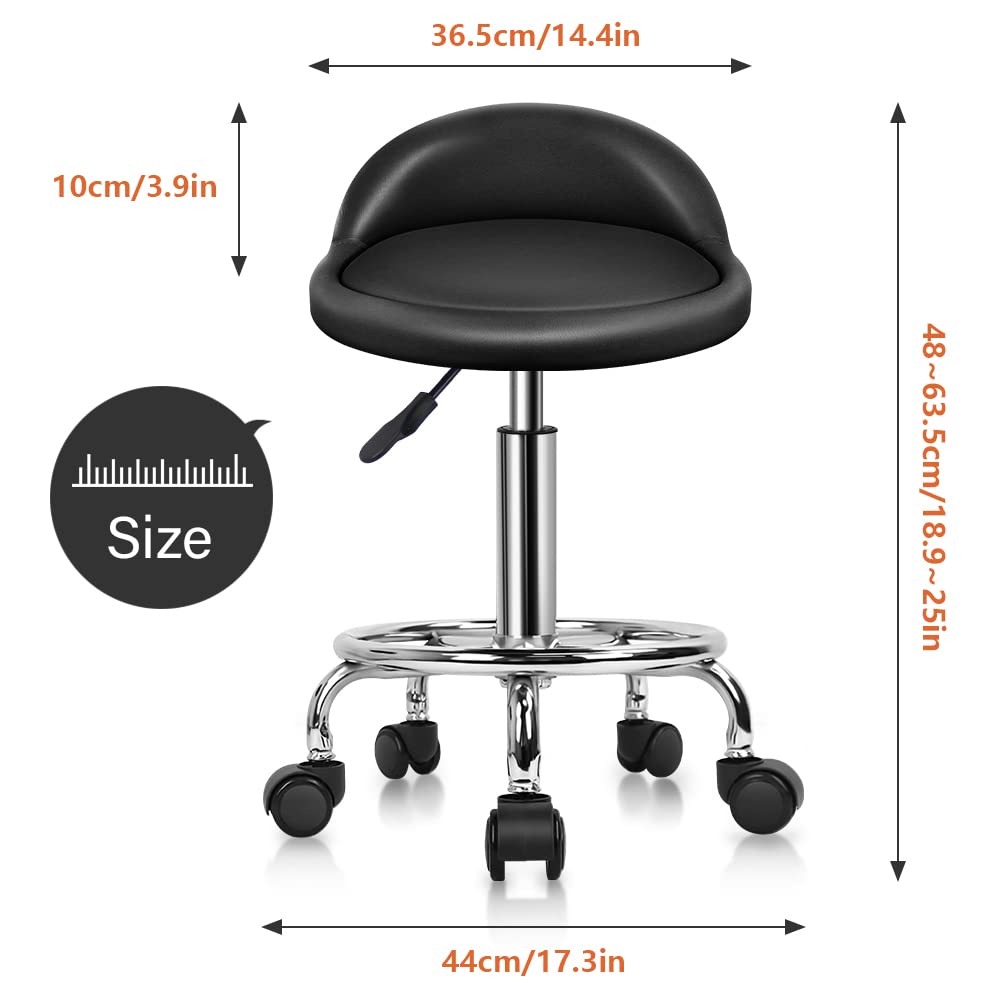 KKTONER Taburete de Cuero Artificial con Respaldo Giratorio Taburete con Ruedas de Altura Ajustable con Ruedas para Pintar Tatuaje Masaje SPA Tienda Taburete de Trabajo con Pedal (Negro)