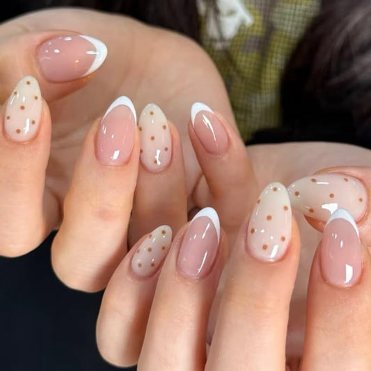 Uñas Postizas de Cortas Largas de Francesa, Adhesivas Uñas Press on Nails de Cobertura Completa, Uñas Falsas Decoradas Acrílico Natural para Mujeres y Niñas (K, 1ml)