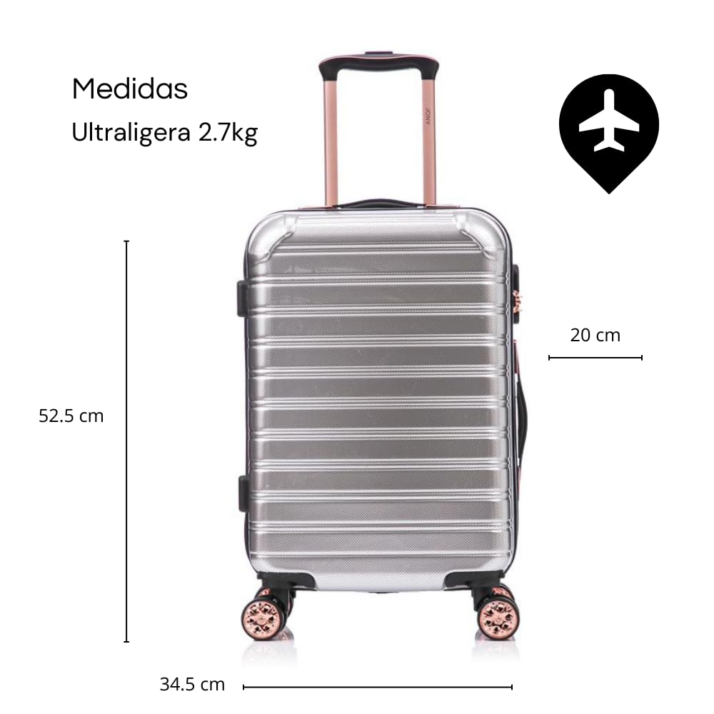 Maleta de Mano JONY Carry On Rigida Resistente Ruedas Giratorias 360 Mango Expandible ABS Candado de Seguridad (SILVER)