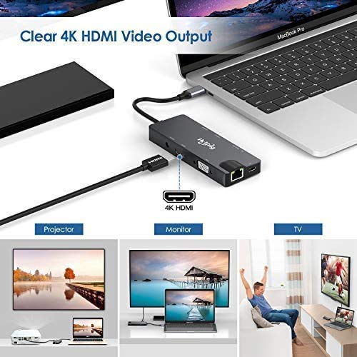 Hub USB C, adaptador 3 en 1 USB C con 4K USB C a HDMI, VGA, carga USB C, 2 USB 3.0, lector de tarjetas SD/TF, USB C a 3,5 mm, Gigabit Ethernet, base USB C compatible con Apple MacBook Pro 13/15 (Thunderbolt 3)
