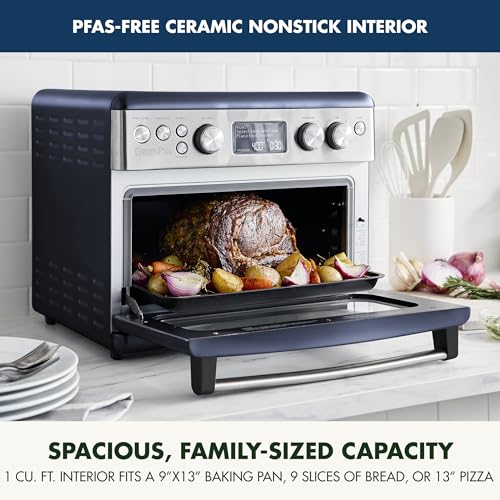 GreenPan Elite - Horno de convección para freír, 13 ajustes preestablecidos fáciles de usar, interior antiadherente sin PFAS, estantes ajustables, charola para hornear, bandeja para pizza, cesta,