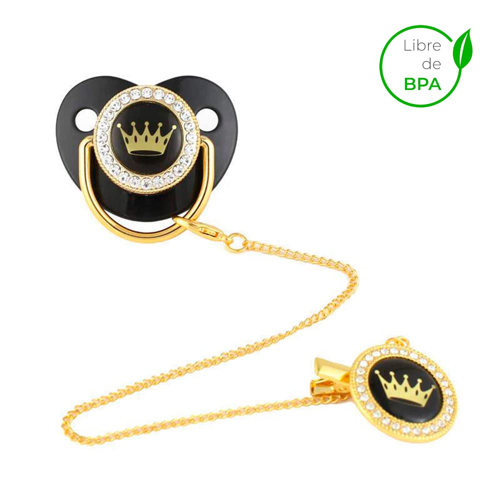 Chupón/Chupete para Bebé, Diseño VIP de Corona con Mamilla Ergonómica Libre de BPA para Niño y Niña + Clip de Seguridad y Tapa protectora | 0 a 18 meses (Negro/Corona Dorada)