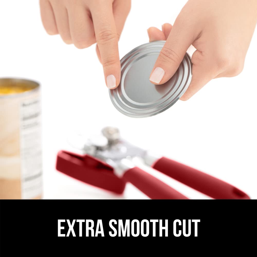 Gorilla Grip Abrelatas manual de mano de acero inoxidable resistente con borde liso con mango suave al tacto, a prueba de óxido, perilla de mano fácil giro, el mejor abridor de tapa grande para cocina, red