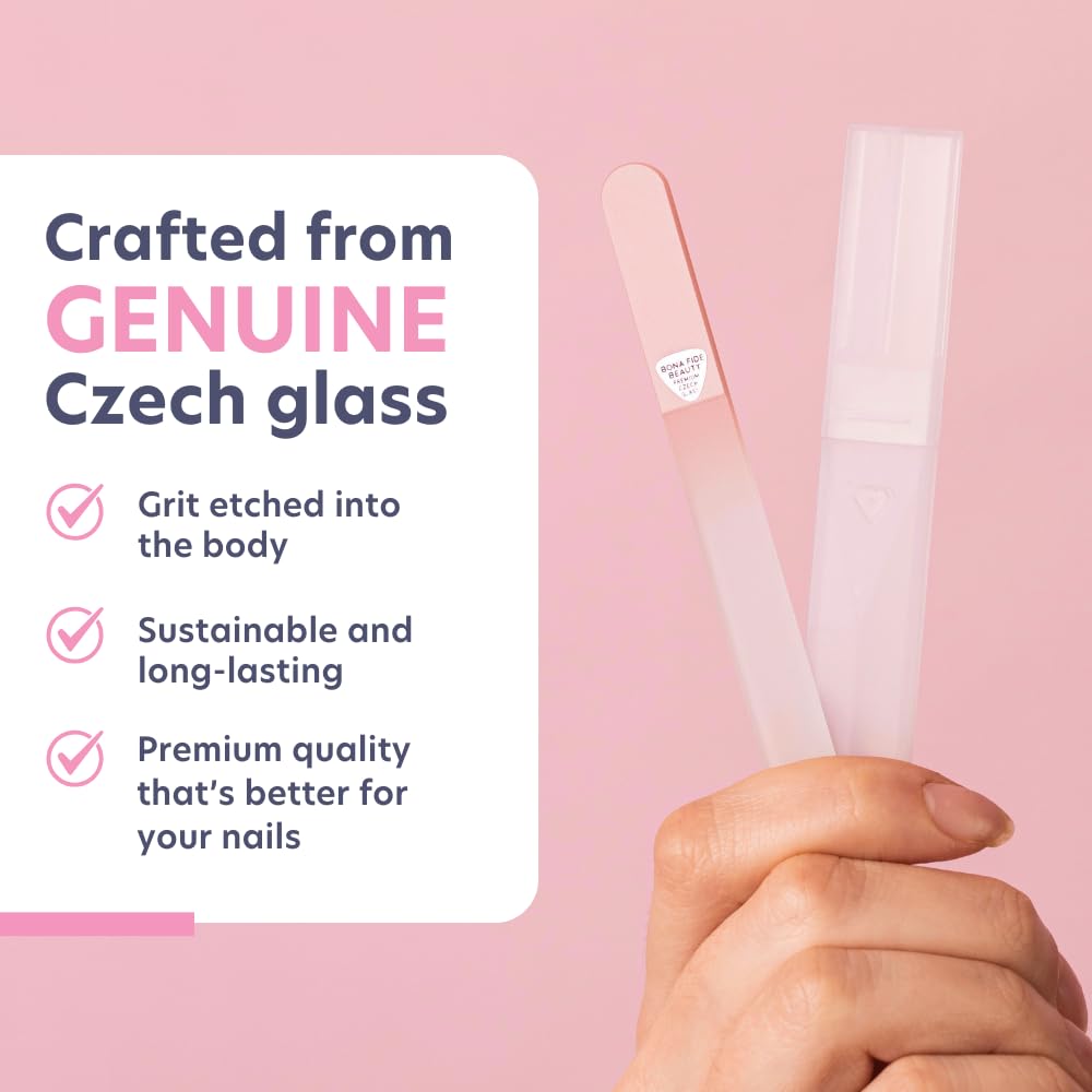 BONA FIDE BEAUTY Lima de Uñas de Cristal Checa para Uñas Naturales (Melocotón) - Grano Fino (180/240) Lima de Uñas de Cristal con Estuche Transparente. Cuidado de Uñas Fácil de Transportar.