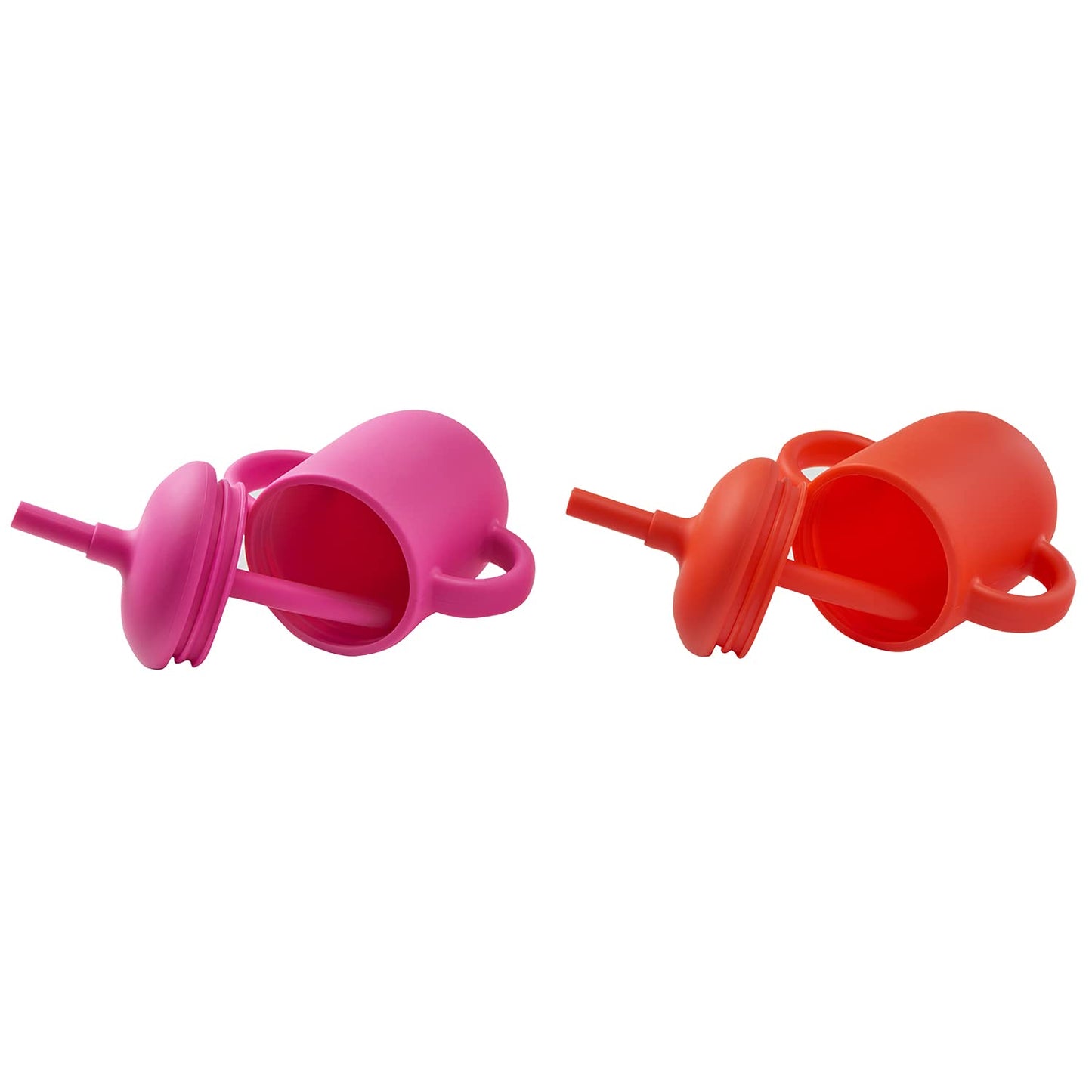 PAPU BABY Set de 2 Vasos/Tazas Entrenadoras 100 de silicón con popote y asas. (Rosa Mexicano/Rojo)