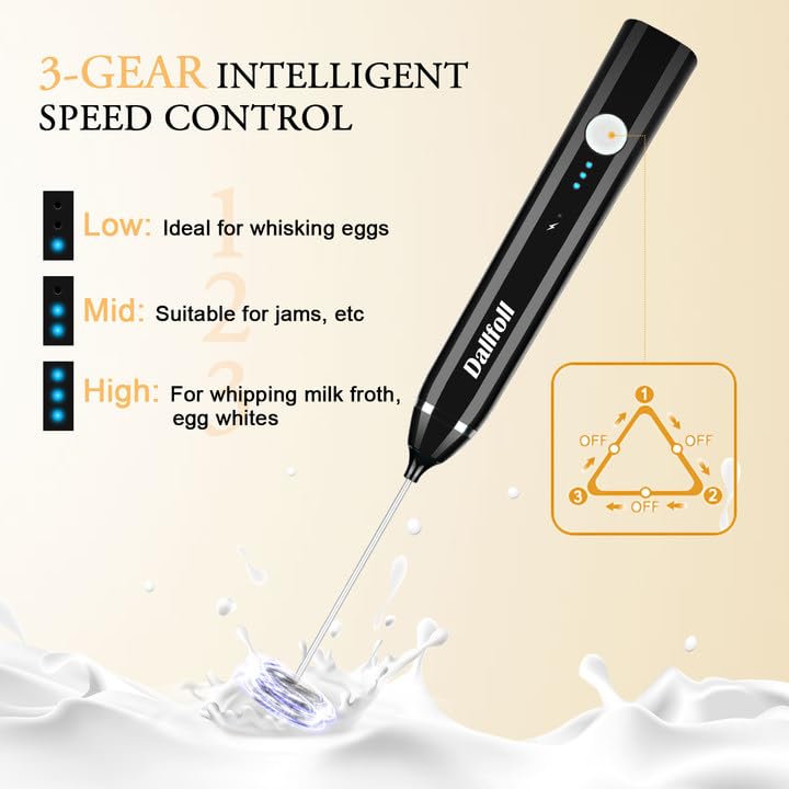 Dallfoll - Espumador de Leche de Mano,Recargable por USB, Máquina de Espuma Eléctrica para Café,3 Velocidades,2 Batidores,Mini Espumadora Mezcladora,Frappe Latte Cappuccino Chocolate Caliente,Negro