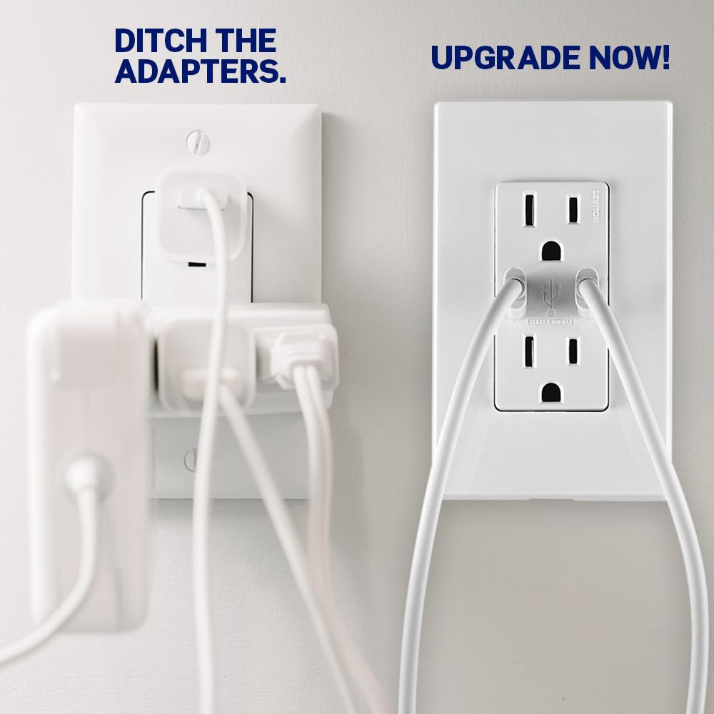 Leviton T5634-W 60W (20V a 2.5A+ 5V a 2A) Cargador USB de Doble Tipo A/Tipo-C para Entrega de energía en la Pared con Toma de 15A Resistente a manipulaciones, Cargador USB para Smartphones, tabletas,