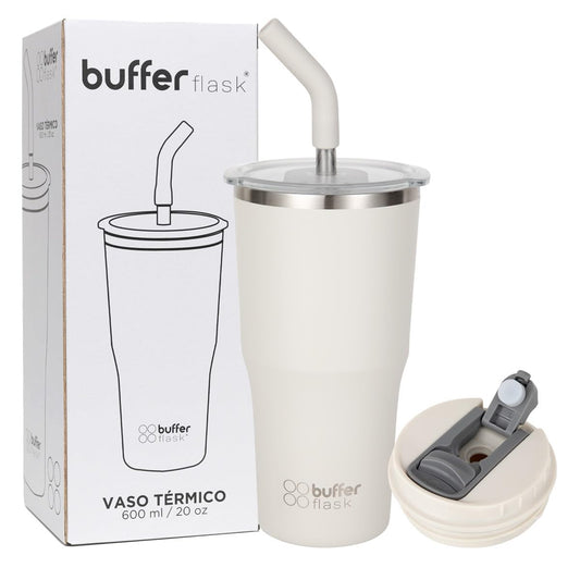 Buffer Flask - Vaso Térmico 600 ml - Termo para Café y Agua de Acero Inoxidable - Tapa Anti Derrame y Fugas - Taza Tumbler Mug para Bebidas Frías y Calientes - Incluye Popote - Color Ivory