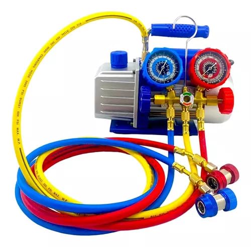 FIXITFAST 4cfm 1/3hp Bomba De Vacío + Manómetro R134a/r22/r410a/r404a juego de manómetros de colector de 4 vías para refrigerantes para refrigeración HVAC A/C recarga y mantenimiento, sin aceite
