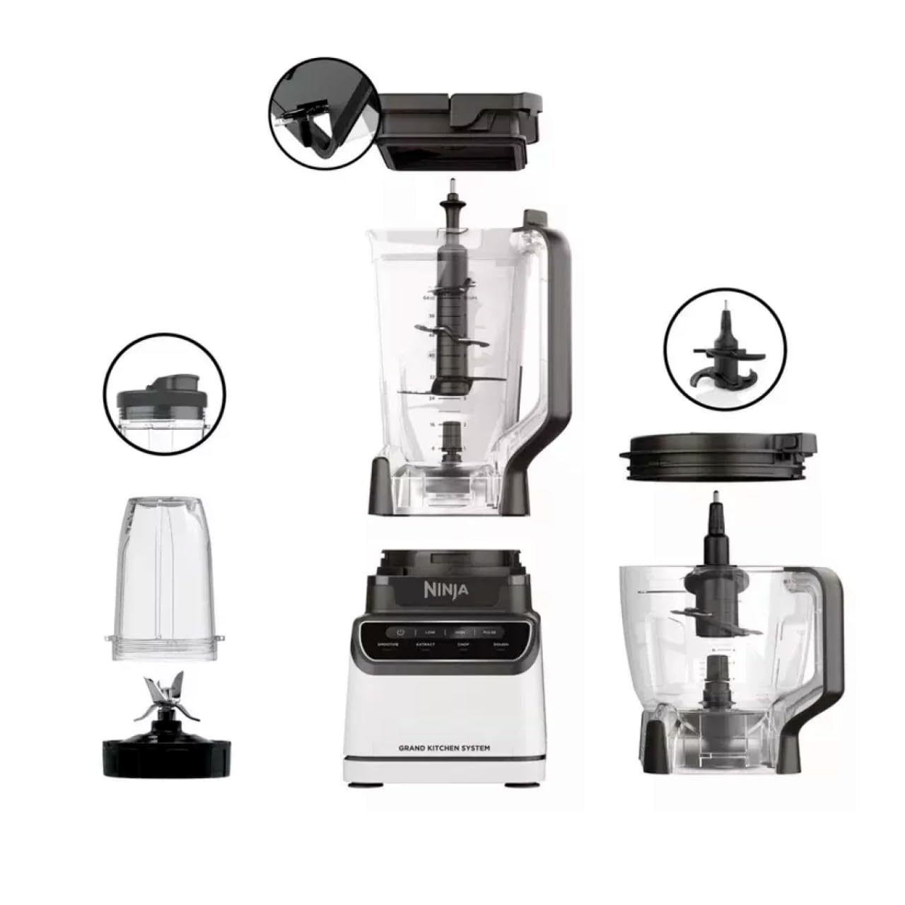 Licuadora Ninja Grand Kitchen System de 1,200 Watts, Licuadora con 4 programas Auto-iQ 72onz con Boquilla de Vertido, Tazón Procesador de Alimentos, Cuchillas Intercambiables. Blanco KS500WM-NEGRO
