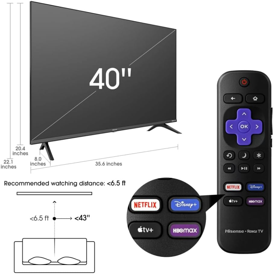Hisense Televisor Smart TV | 40 Pulgadas | Class FHD | 1080P | Pantalla | LED + Soporte para Pared (Sin Bases) USB | Modo de Juego Automático | Funciona con Asistente Google y Alexa (Reacondicionado)