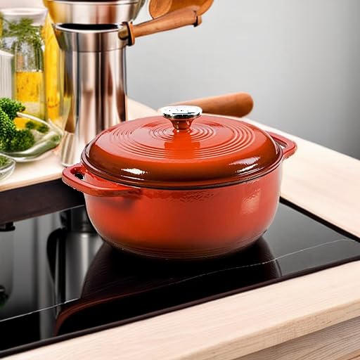 Lodge - Horno holandés de hierro fundido esmaltado de 7.5 cuartos con tapa, asas dobles, apto para horno hasta 500 °F o en estufa, uso para marinar, cocinar, hornear, refrigerar y servir - Amapola