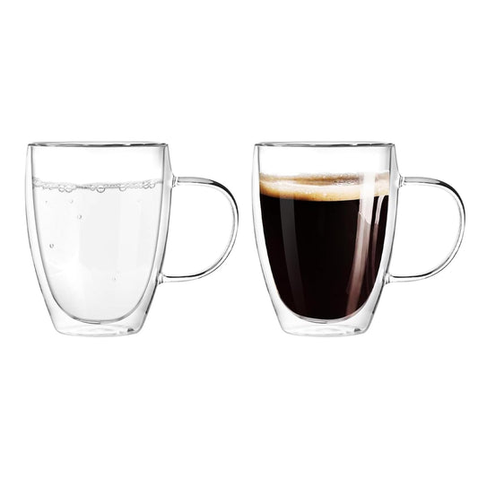LINGLUCKY Tazas de Café de Cristal de Doble pared con Asa, 2 piezas Vasos de Café Espresso de Vidrio de Café Aislado, Tazas de Café con Leche para Cappucchino Espresso Té Café