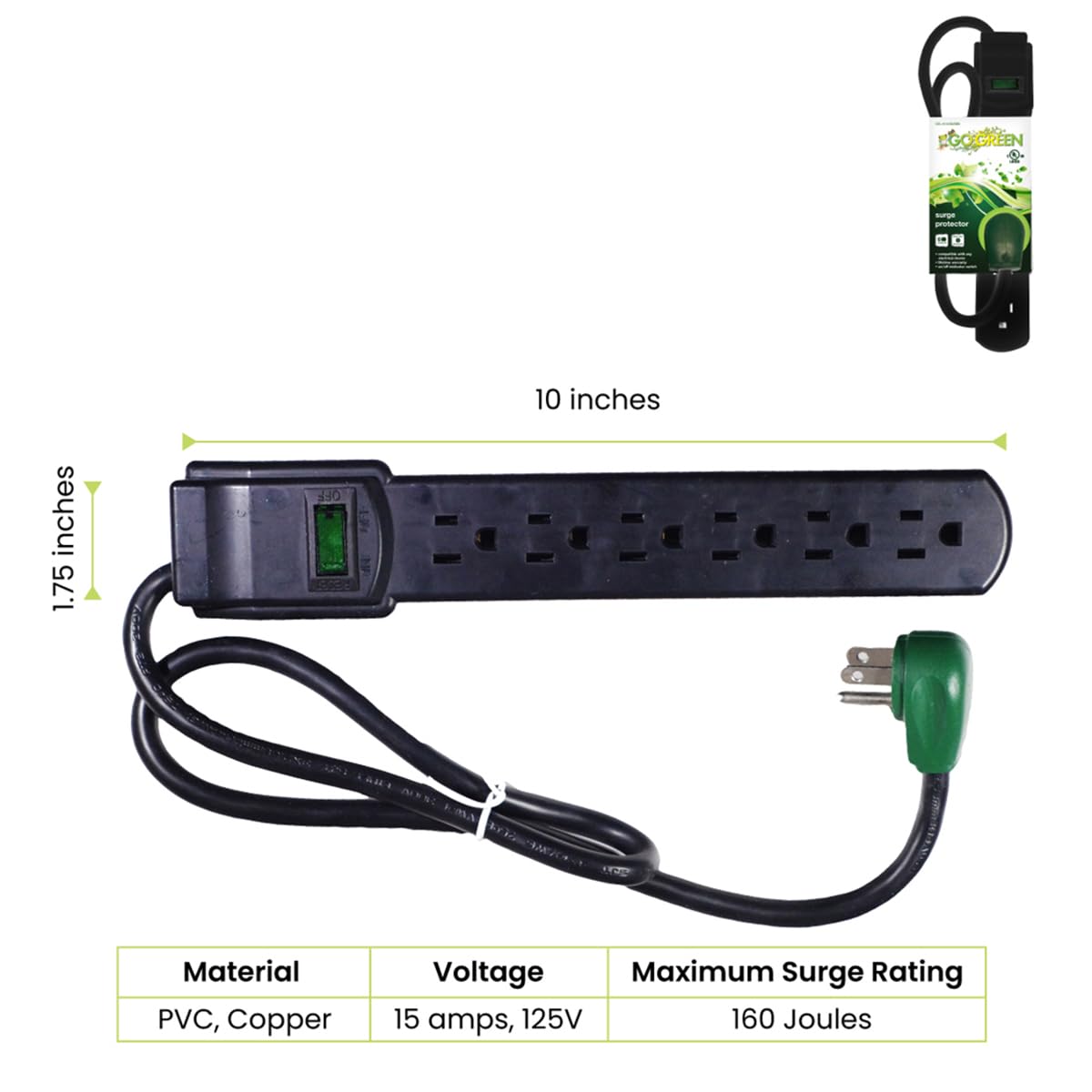 Go Green Power GG-16103MSBK 6 Outlet Surge Protector with 3-Feet Cord